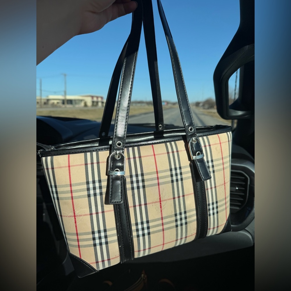Burberry of London Vintage Nova Check Beige Black canvas Plaid Tote bag purse - Picture 3 of 14